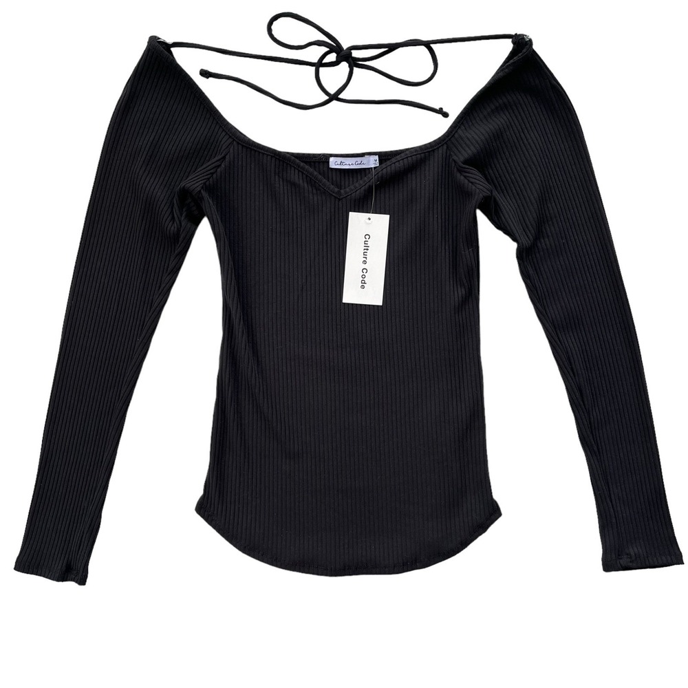 Culture Code Womens M Black Ribbed Sweetheart Neck Long Sleeve Tie Back Top Chic